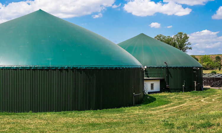 Zwei Biogasanlagen – Nachhaltige Energie aus Biomasse Zwei moderne Biogasanlagen zur nachhaltigen Energieerzeugung in einer grünen Landschaft.